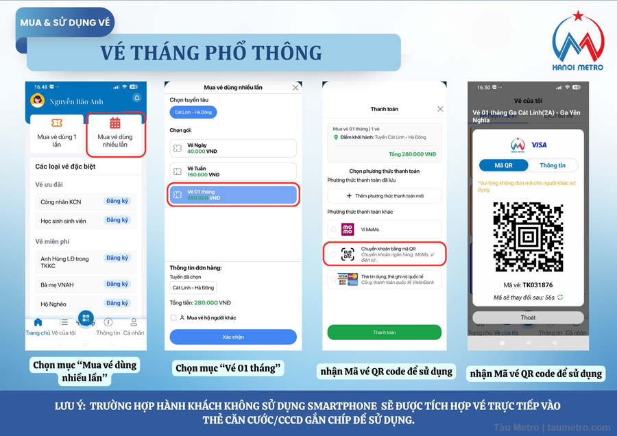 cac loai ve tau metro ha noi